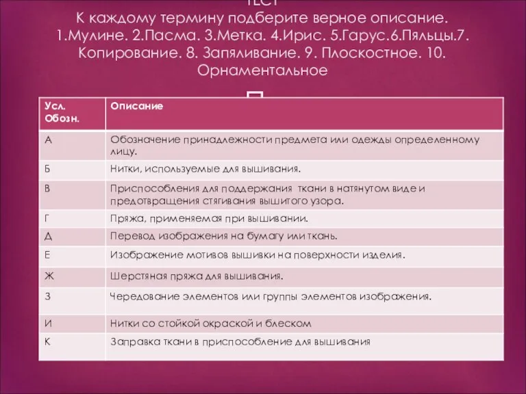 ТЕСТ К каждому термину подберите верное описание. 1.Мулине. 2.Пасма. 3.Метка. 4.Ирис. 5.Гарус.6.Пяльцы.7.Копирование.