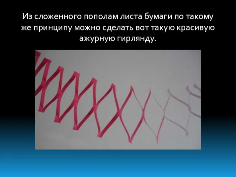 Из сложенного пополам листа бумаги по такому же принципу можно сделать вот такую красивую ажурную гирлянду.