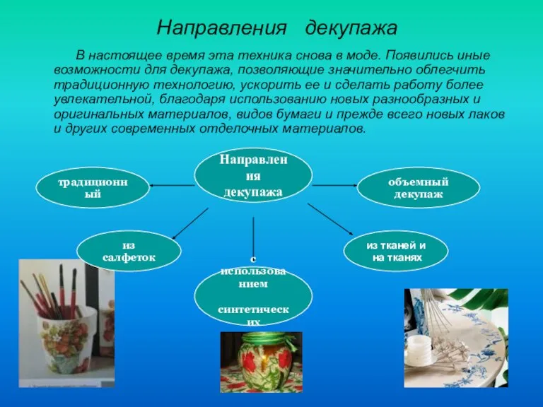 Направления декупажа В настоящее время эта техника снова в моде. Появились иные