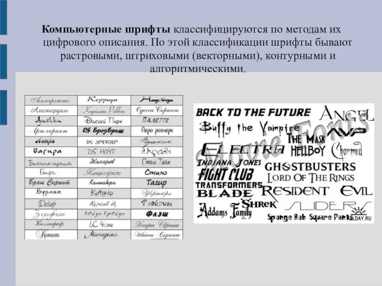 Компьютерные шрифты классифицируются по методам их цифрового описания. По этой классификации шрифты