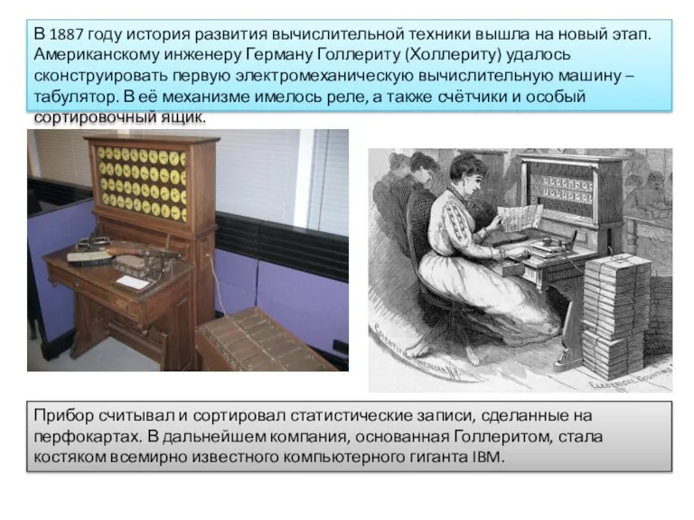 В 1887 году история развития вычислительной техники вышла на новый этап. Американскому