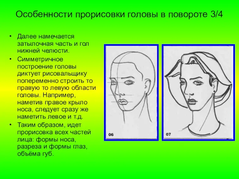 Особенности прорисовки головы в повороте 3/4 Далее намечается затылочная часть и гол