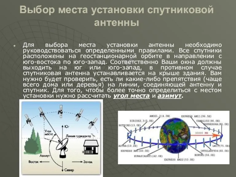 Выбор места установки спутниковой антенны Для выбора места установки антенны необходимо руководствоваться