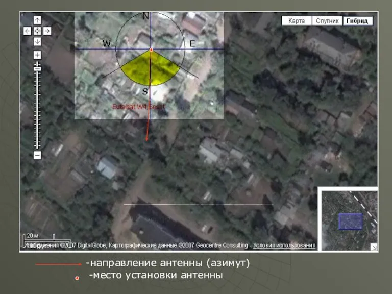 -направление антенны (азимут) -место установки антенны