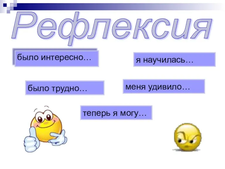 Рефлексия было интересно… было трудно… теперь я могу… я научилась… меня удивило…