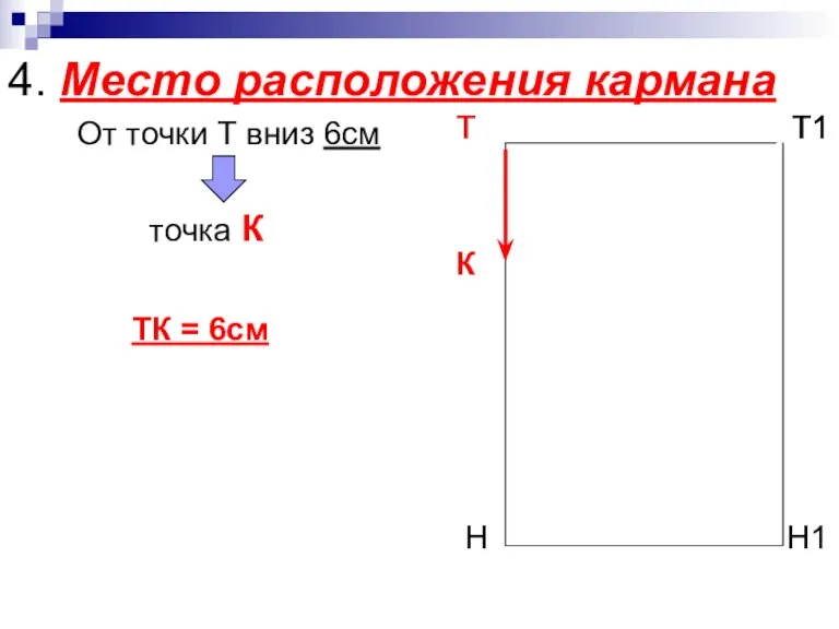 4. Место расположения кармана От точки Т вниз 6см точка К ТК