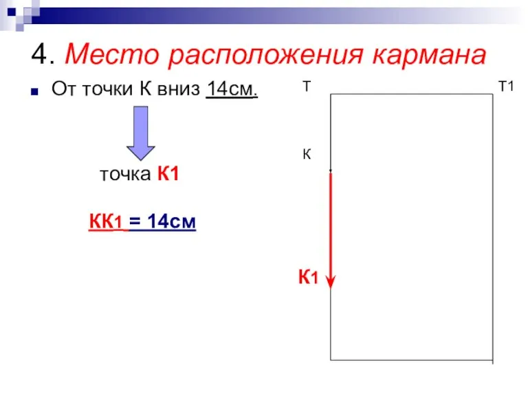 4. Место расположения кармана От точки К вниз 14см. точка К1 КК1