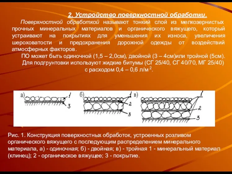 2. Устройство поверхностной обработки. Поверхностной обработкой называют тонкий слой из мелкозернистых прочных