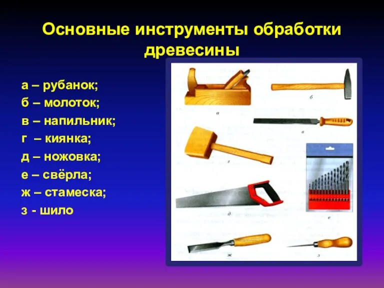 Основные инструменты обработки древесины а – рубанок; б – молоток; в –