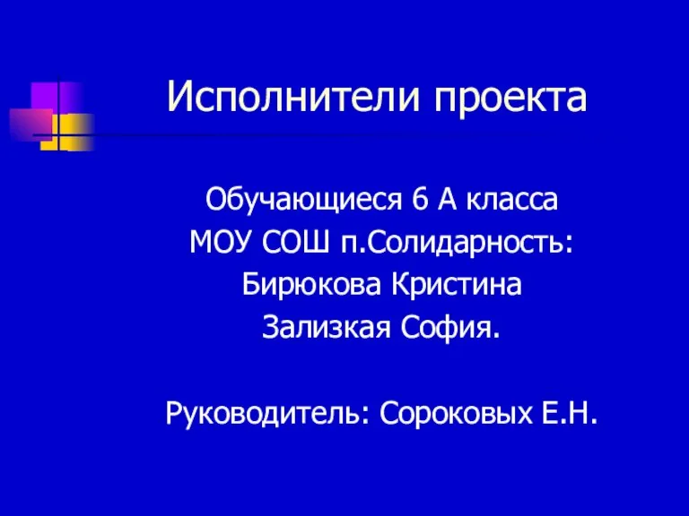 Исполнители проекта Обучающиеся 6 А класса МОУ СОШ п.Солидарность: Бирюкова Кристина Зализкая София. Руководитель: Сороковых Е.Н.