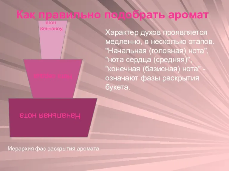 Как правильно подобрать аромат Иерархия фаз раскрытия аромата Характер духов проявляется медленно,