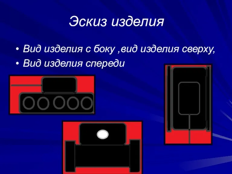 Эскиз изделия Вид изделия с боку ,вид изделия сверху, Вид изделия спереди