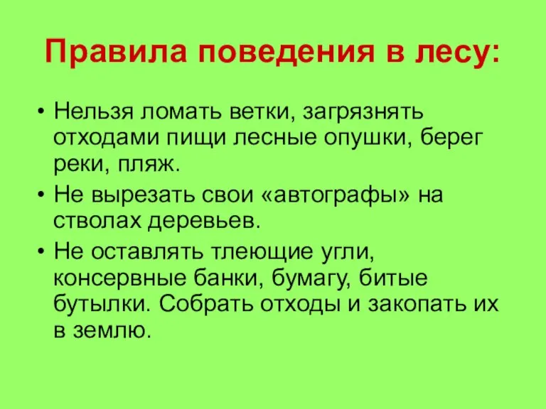 Правила поведения в лесу: Нельзя ломать ветки, загрязнять отходами пищи лесные опушки,