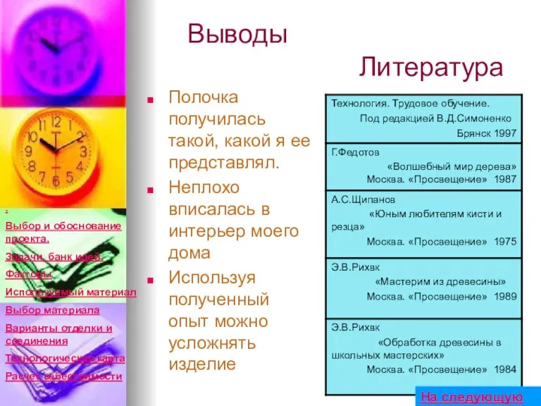 Выводы Литература Полочка получилась такой, какой я ее представлял. Неплохо вписалась в