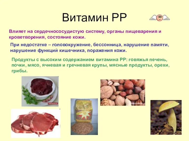 Витамин РР Влияет на сердечнососудистую систему, органы пищеварения и кроветворения, состояние кожи.