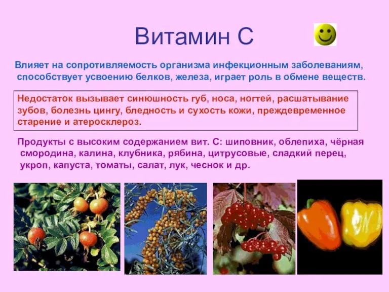 Витамин С Влияет на сопротивляемость организма инфекционным заболеваниям, способствует усвоению белков, железа,