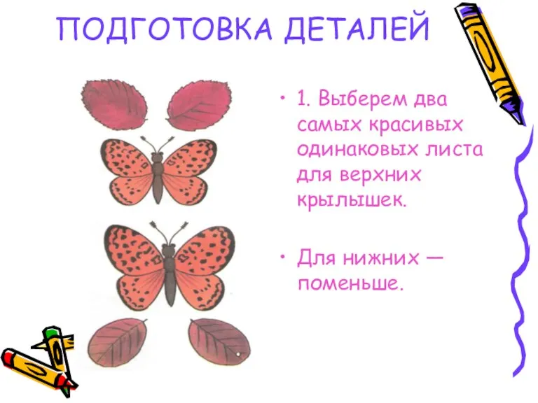 ПОДГОТОВКА ДЕТАЛЕЙ 1. Выберем два самых красивых одинаковых листа для верхних крылышек. Для нижних — поменьше.