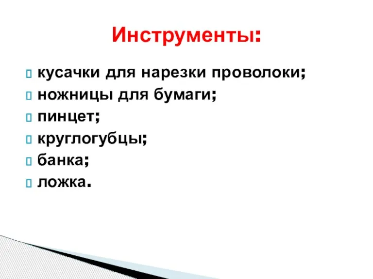 кусачки для нарезки проволоки; ножницы для бумаги; пинцет; круглогубцы; банка; ложка. Инструменты: