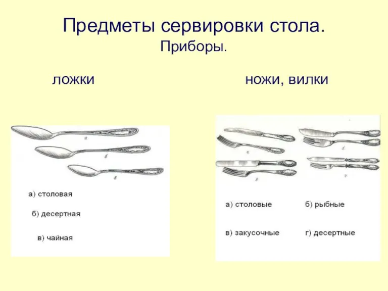 Предметы сервировки стола. Приборы. ложки ножи, вилки