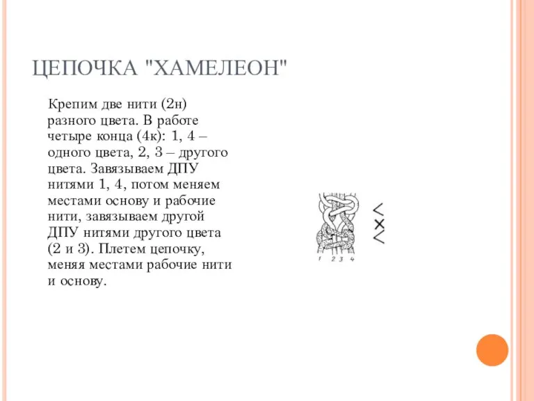 ЦЕПОЧКА "ХАМЕЛЕОН" Крепим две нити (2н) разного цвета. В работе четыре конца