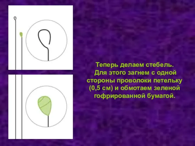 Теперь делаем стебель. Для этого загнем с одной стороны проволоки петельку (0,5