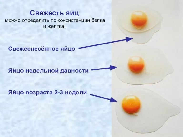 Свежесть яиц можно определить по консистенции белка и желтка. Свежеснесённое яйцо Яйцо