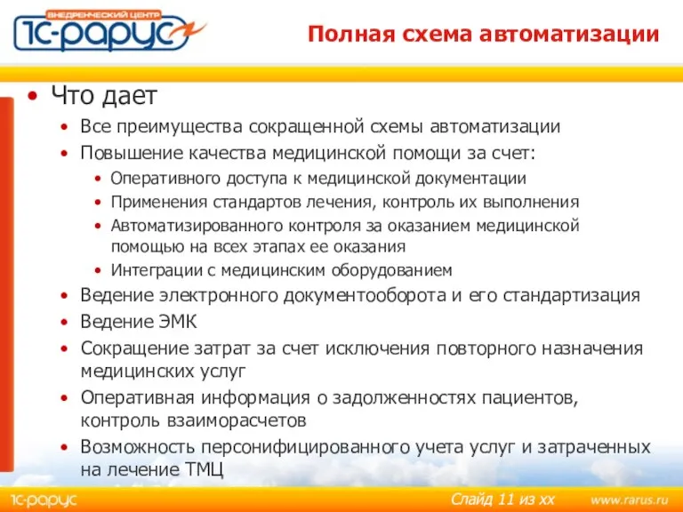 Полная схема автоматизации Что дает Все преимущества сокращенной схемы автоматизации Повышение качества