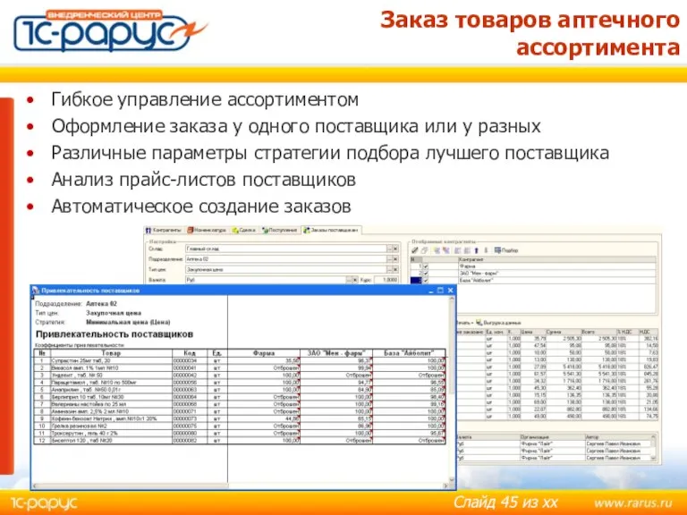 Заказ товаров аптечного ассортимента Гибкое управление ассортиментом Оформление заказа у одного поставщика