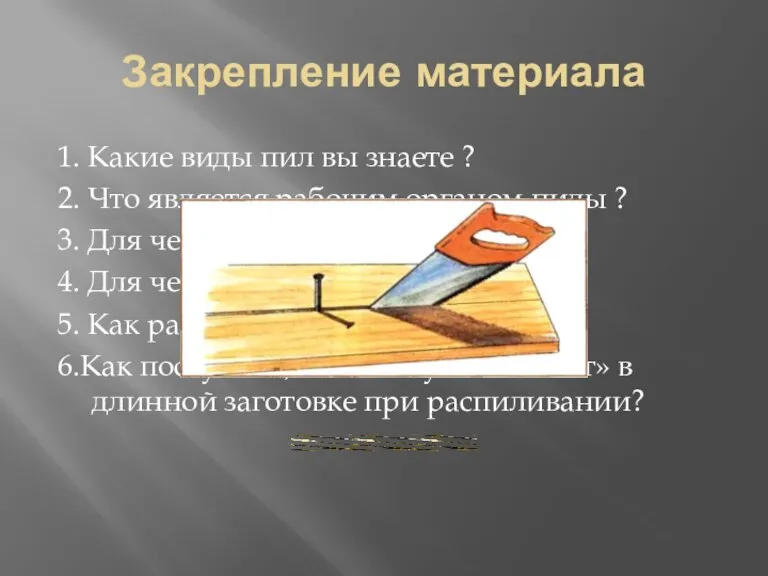 Закрепление материала 1. Какие виды пил вы знаете ? 2. Что является