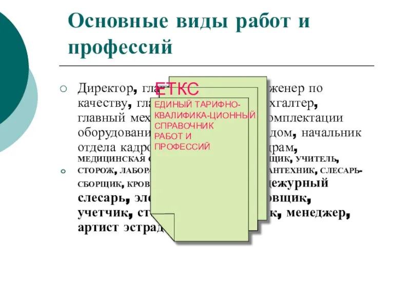 Основные виды работ и профессий Директор, главный инженер, инженер по качеству, главный