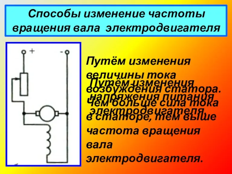 Способы изменение частоты вращения вала электродвигателя Путём изменения величины тока возбуждения статора.