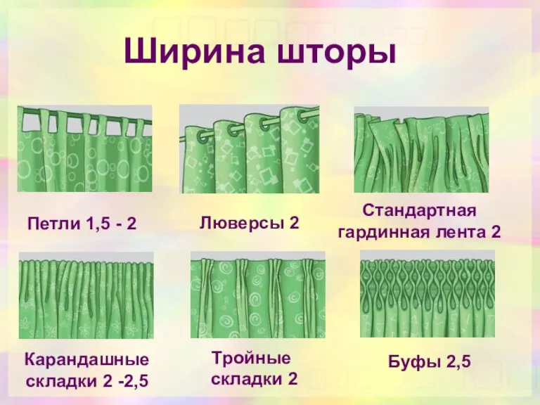 Ширина шторы Петли 1,5 - 2 Люверсы 2 Стандартная гардинная лента 2