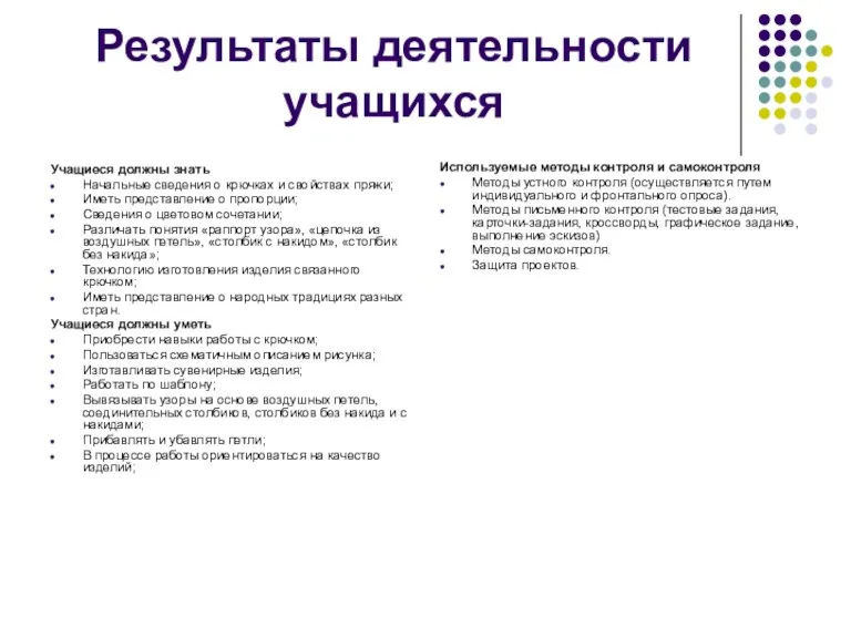 Результаты деятельности учащихся Учащиеся должны знать Начальные сведения о крючках и свойствах