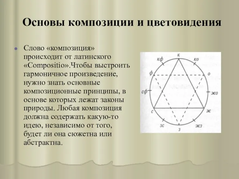 Основы композиции и цветовидения Слово «композиция» происходит от латинского «Compositio».Чтобы выстроить гармоничное