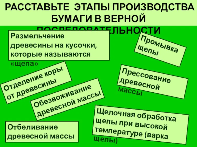 РАССТАВЬТЕ ЭТАПЫ ПРОИЗВОДСТВА БУМАГИ В ВЕРНОЙ ПОСЛЕДОВАТЕЛЬНОСТИ Отделение коры от древесины Размельчение