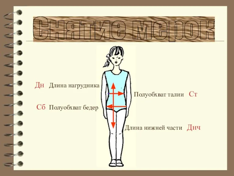 Снятие мерок Полуобхват талии Ст Сб Полуобхват бедер Дн Длина нагрудника Длина нижней части Днч