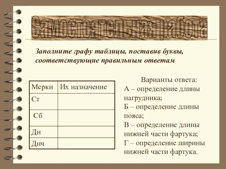 Самостоятельная работа Заполните графу таблицы, поставив буквы, соответствующие правильным ответам Варианты ответа: