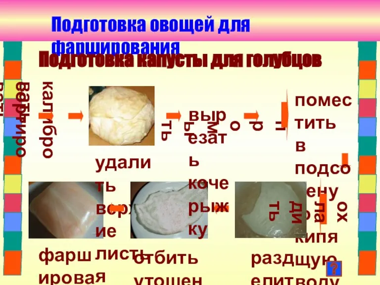 удалить верхние листья вырезать кочерыжку сортировать калибровать Подготовка капусты для голубцов