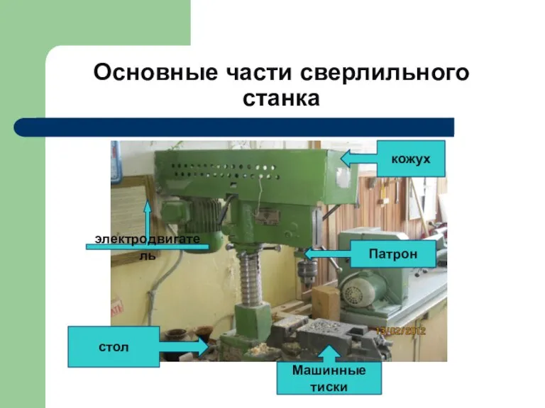 Основные части сверлильного станка стол электродвигатель Машинные тиски кожух Патрон