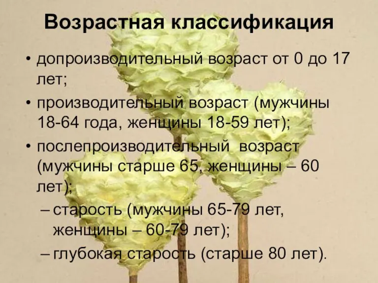 Возрастная классификация допроизводительный возраст от 0 до 17 лет; производительный возраст (мужчины