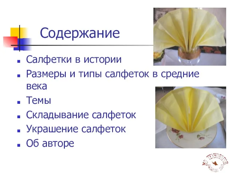 Содержание Салфетки в истории Размеры и типы салфеток в средние века Темы