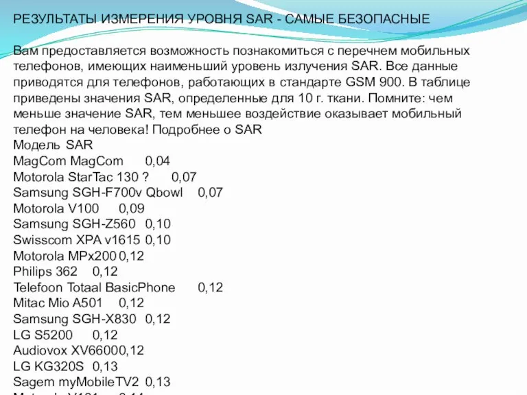 РЕЗУЛЬТАТЫ ИЗМЕРЕНИЯ УРОВНЯ SAR - САМЫЕ БЕЗОПАСНЫЕ Вам предоставляется возможность познакомиться с