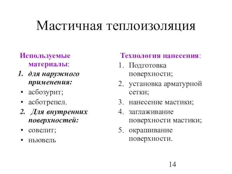 Мастичная теплоизоляция Используемые материалы: для наружного применения: асбозурит; асботрепел. 2. Для внутренних