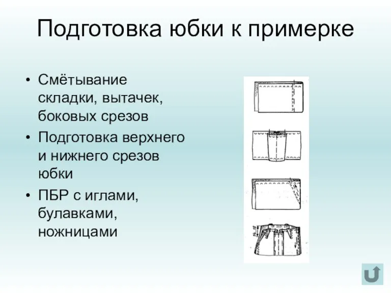 Подготовка юбки к примерке Смётывание складки, вытачек, боковых срезов Подготовка верхнего и