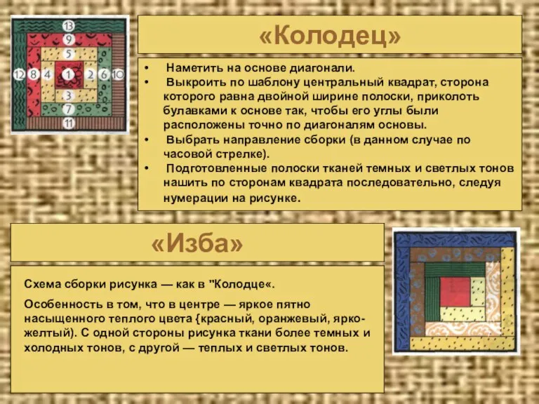 «Колодец» «Изба» Наметить на основе диагонали. Выкроить по шаблону центральный квадрат, сторона