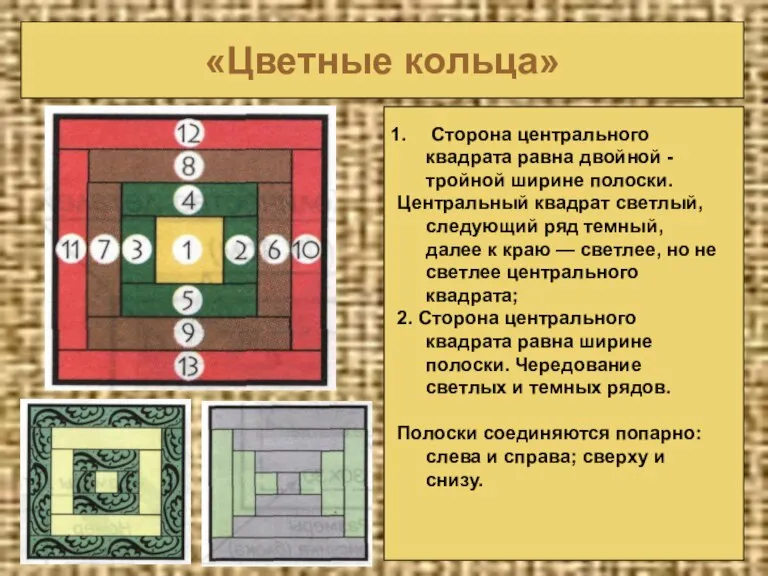 «Цветные кольца» Сторона центрально­го квадрата равна двойной -тройной ширине полоски. Центральный квадрат