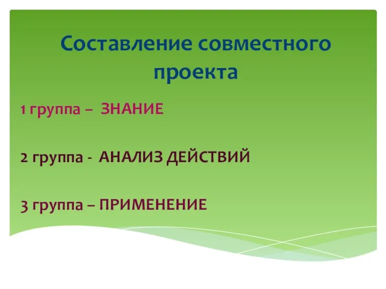 Составление совместного проекта 1 группа – ЗНАНИЕ 2 группа - АНАЛИЗ ДЕЙСТВИЙ 3 группа – ПРИМЕНЕНИЕ