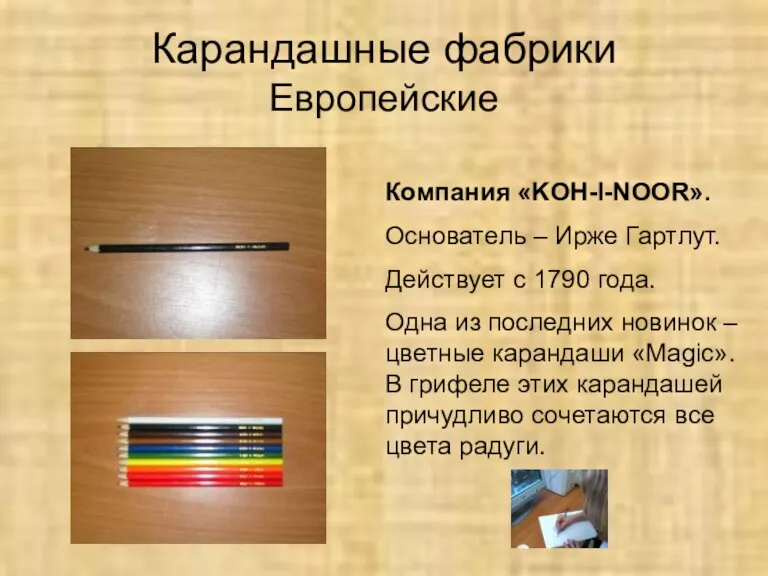 Карандашные фабрики Европейские Компания «KOH-I-NOOR». Основатель – Ирже Гартлут. Действует с 1790