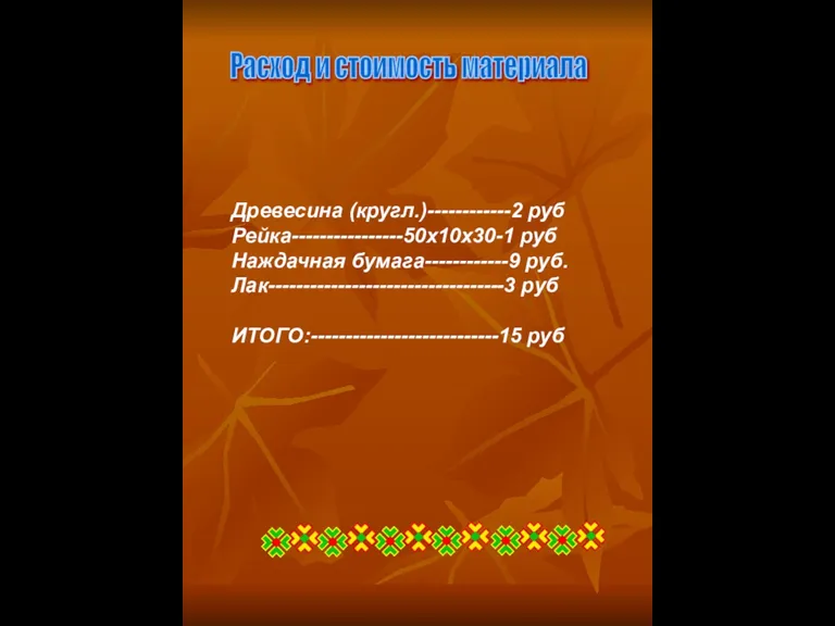 Расход и стоимость материала Древесина (кругл.)------------2 руб Рейка----------------50х10х30-1 руб Наждачная бумага------------9 руб. Лак----------------------------------3 руб ИТОГО:---------------------------15 руб