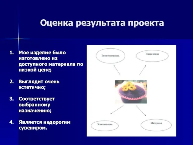 Оценка результата проекта Мое изделие было изготовлено из доступного материала по низкой